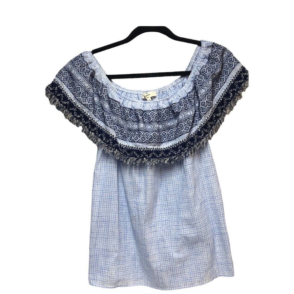 Off Shoulder Dress‎ Blue White Checkered Fringed Geometric Medium